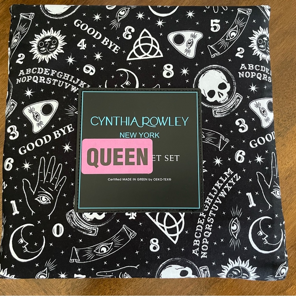 Cynthia Rowley 4 Pc Queen Sheet Set White Ouija Board Print on Black background